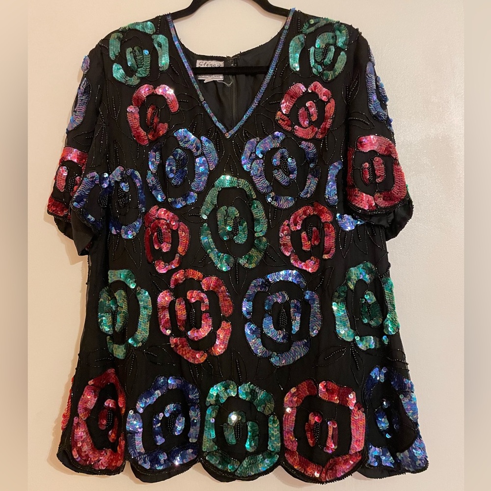 Sténay Plus Size 2X Colorful Sequined & Beaded Silk Top